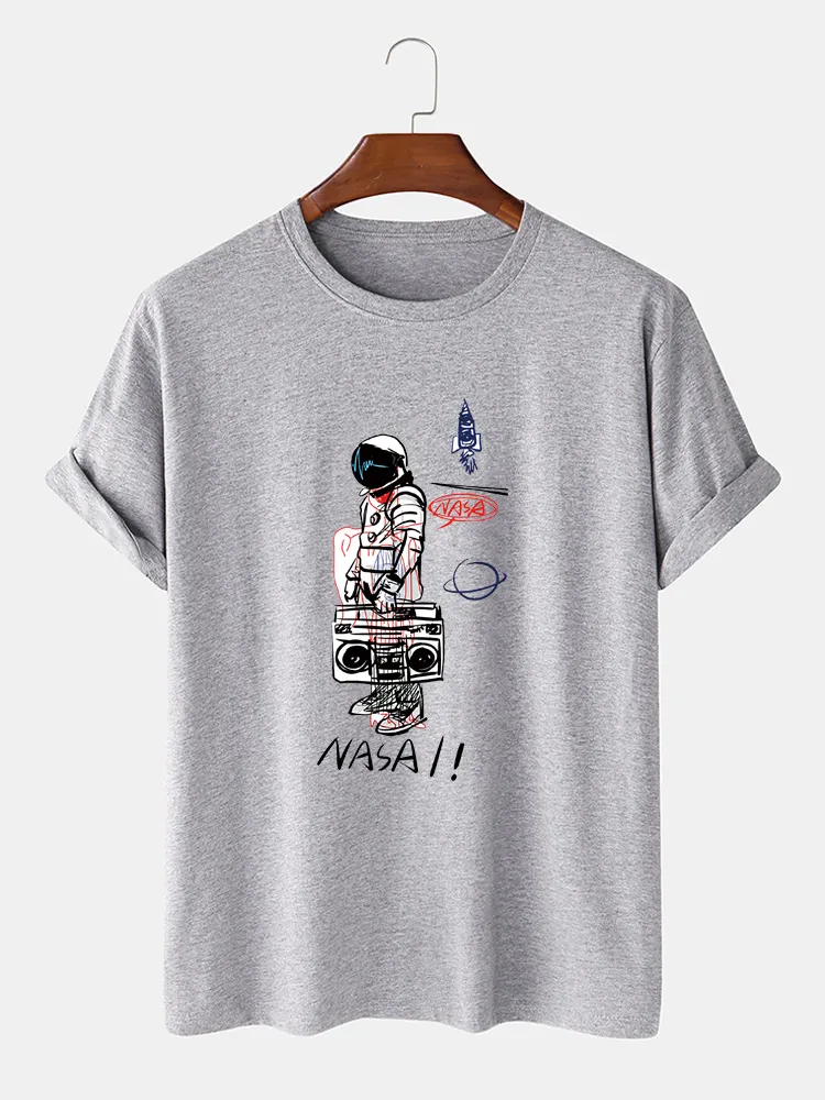 T-shirt da uomo allentate casual in cotone con stampa astronauta