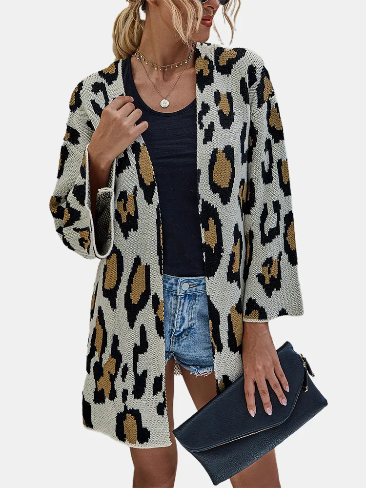 Cardigan casual a maniche lunghe con stampa leopardata per donna