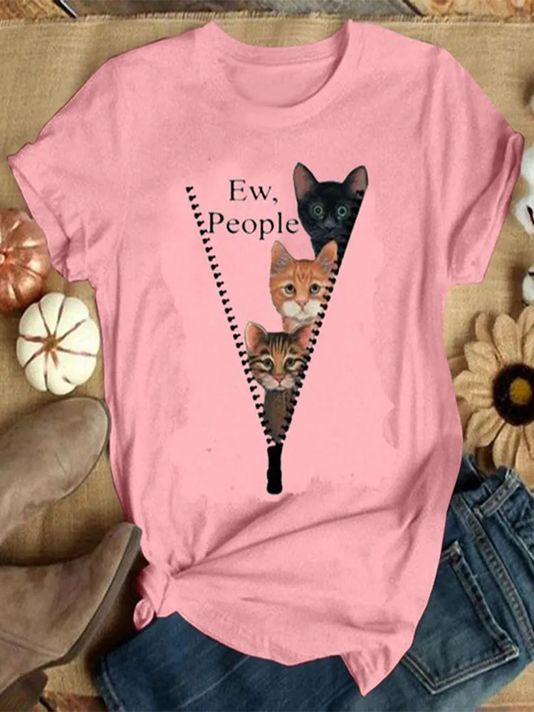 T-shirt a maniche corte con stampa O-collo stampata con gatti casual