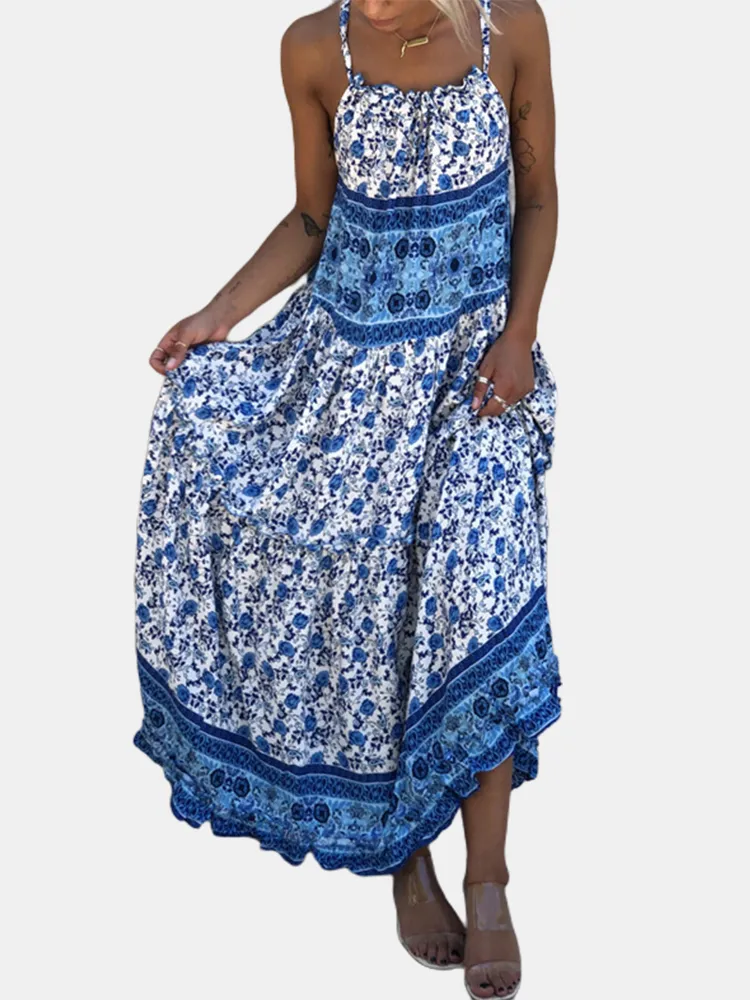 Abito lungo da donna bohemien con stampa floreale etnica