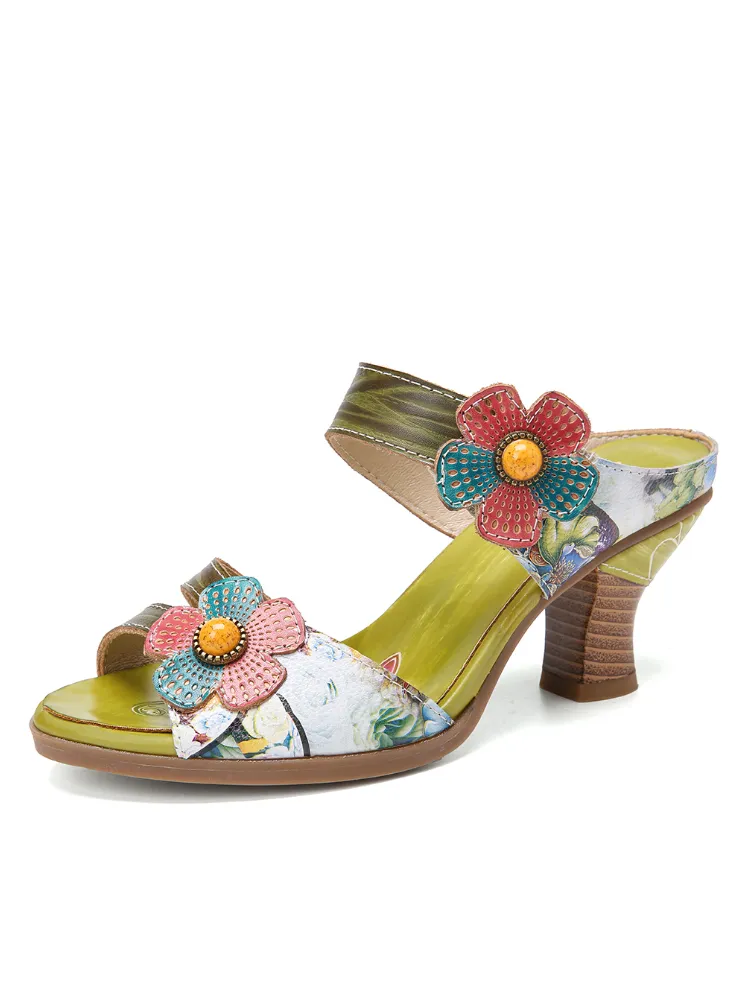 SOCOFY Retro Floral Painted Floral Slip on Mules Sandali con tacco grosso