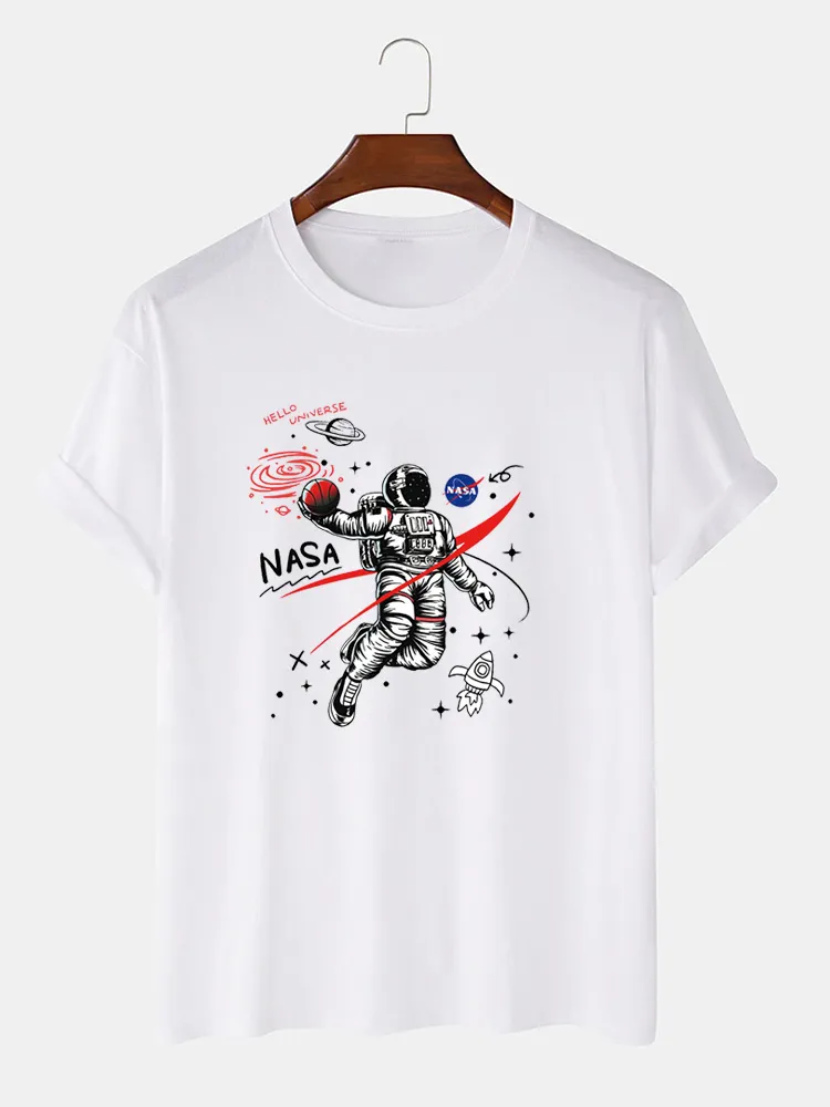 T-shirt casual da uomo casual in tinta unita con stampa di astronauti a tinta unita