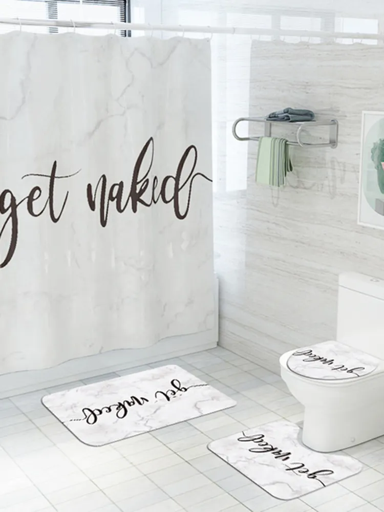 Tenda da doccia con stampa di lettere con motivi in marmo Tappetino per tappetino in quattro pezzi Fodera per cuscino da bagno Tenda decorativa