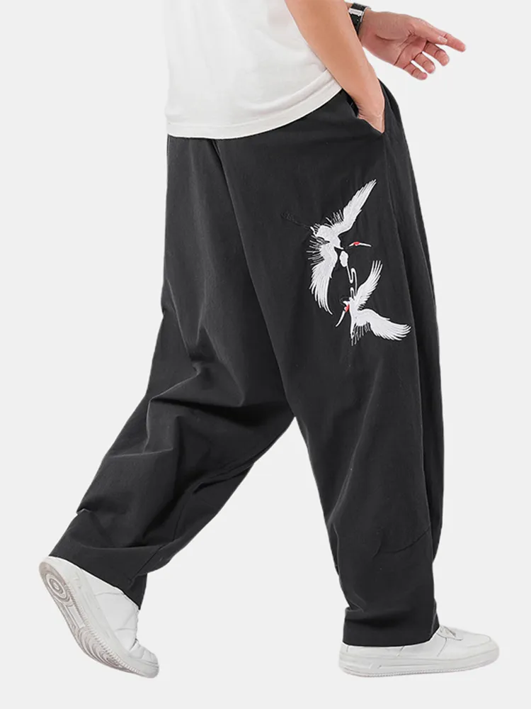 Lino in cotone ricamato in stile cinese da uomo largo Pantaloni