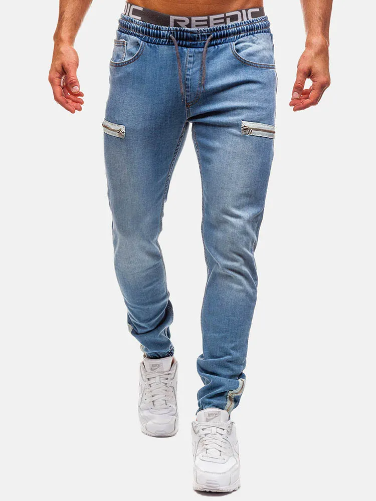 Mens Denim Zipper lavaggio con coulisse Fit Casual Jeans