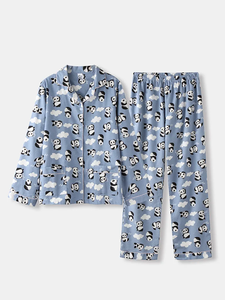 Pigiami da donna set lunghi Panda indumenti da notte casual in cotone con stampa per la primavera
