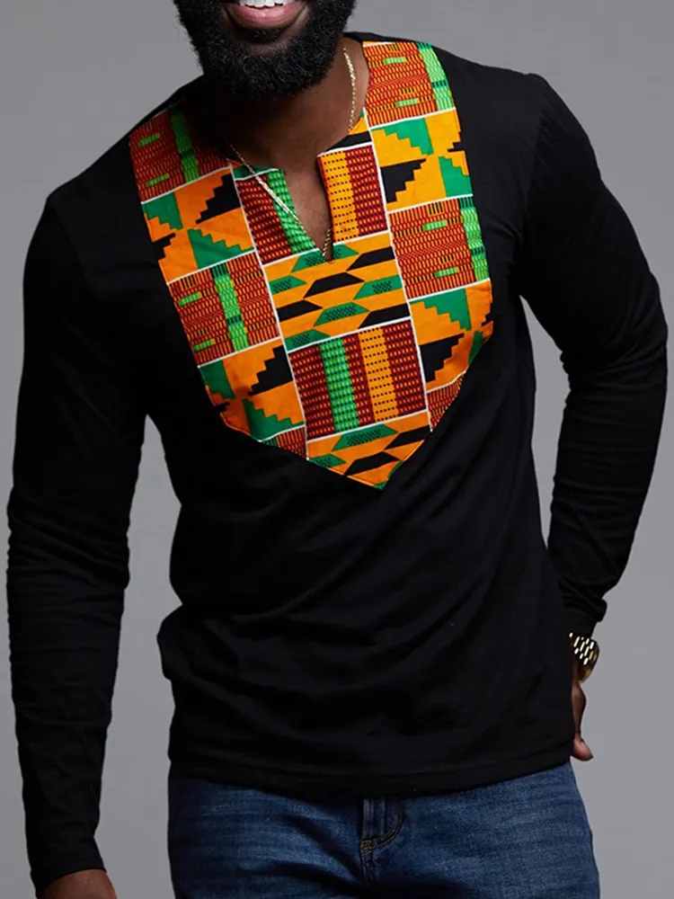 T-shirt da uomo a maniche lunghe africane con motivo floreale africano Dashiki V Collo