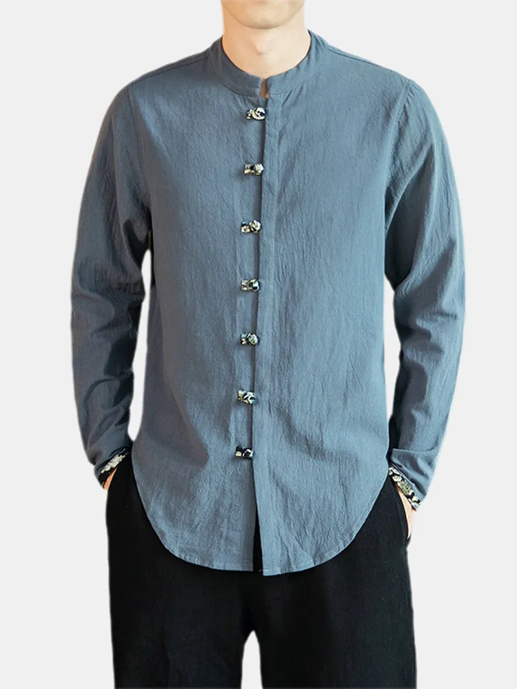 Camicie casual pianura a maniche lunghe in lino di cotone stile cinese da uomo