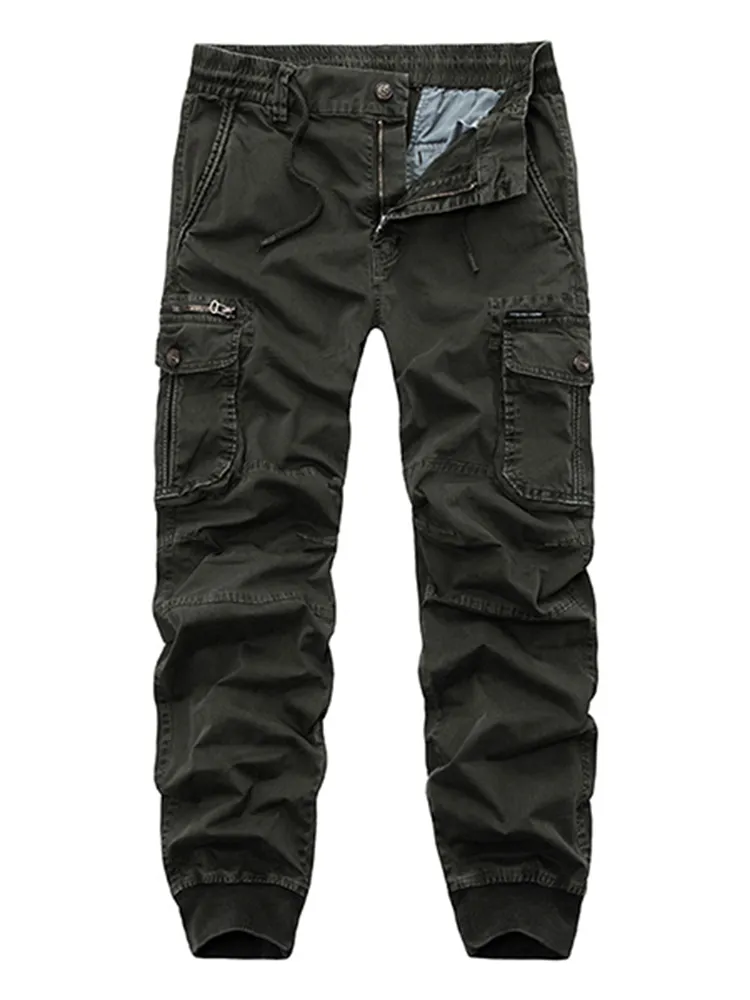 Uomo Casual Cargo Pantaloni in Cotone a Vita Elastica con Multi-Tasche in Colore a Tinta Unita Overalls