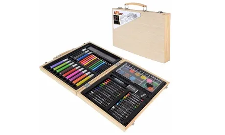 1 o 2 valigette in legno da 68 pezzi con pennarelli, matite colorate, colori ad acqua e molto altro
