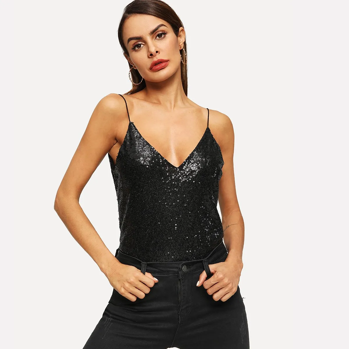 Top con bretelle sottile in paillettes