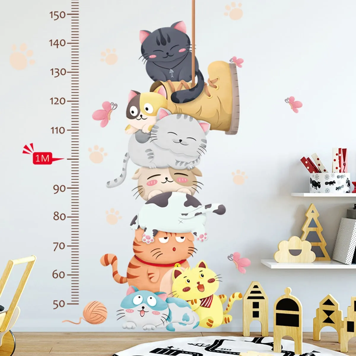 Adesivo da parete per la misurazione dell'altezza e stampa gatto per bambini