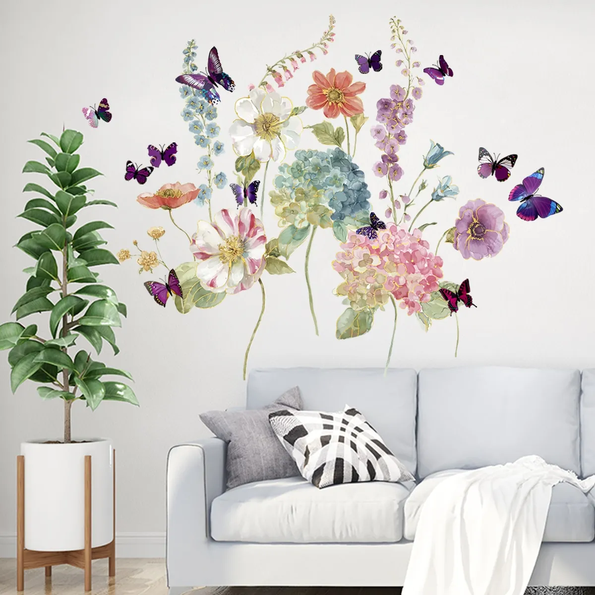 Adesivo da parete con stampa di fiori e farfalle