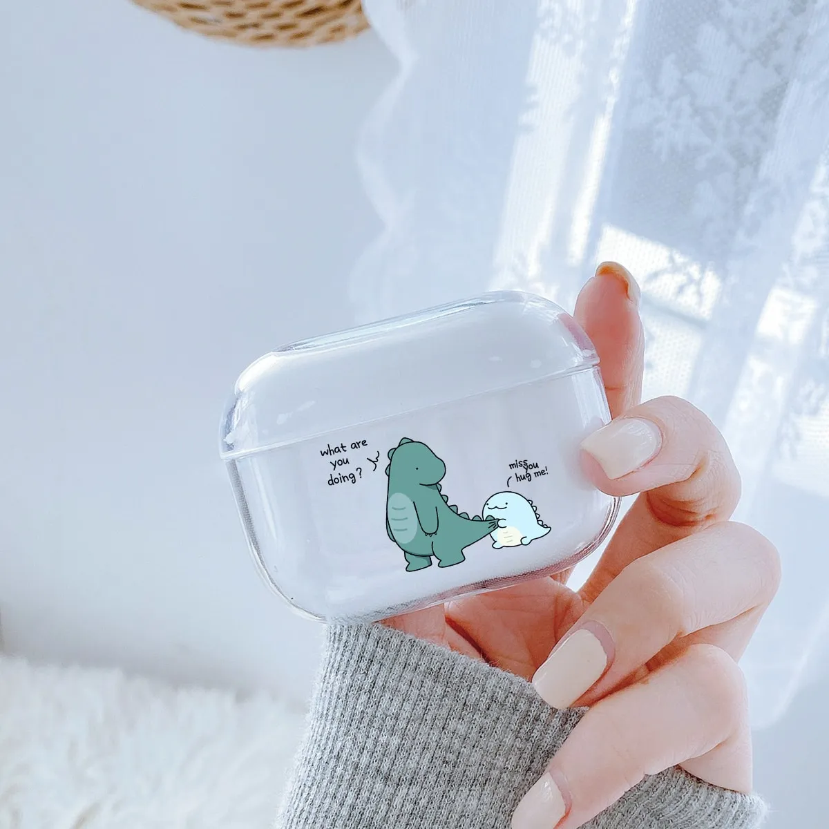 Custodia per AirPods Pro trasparente con dinosauro di fumetto