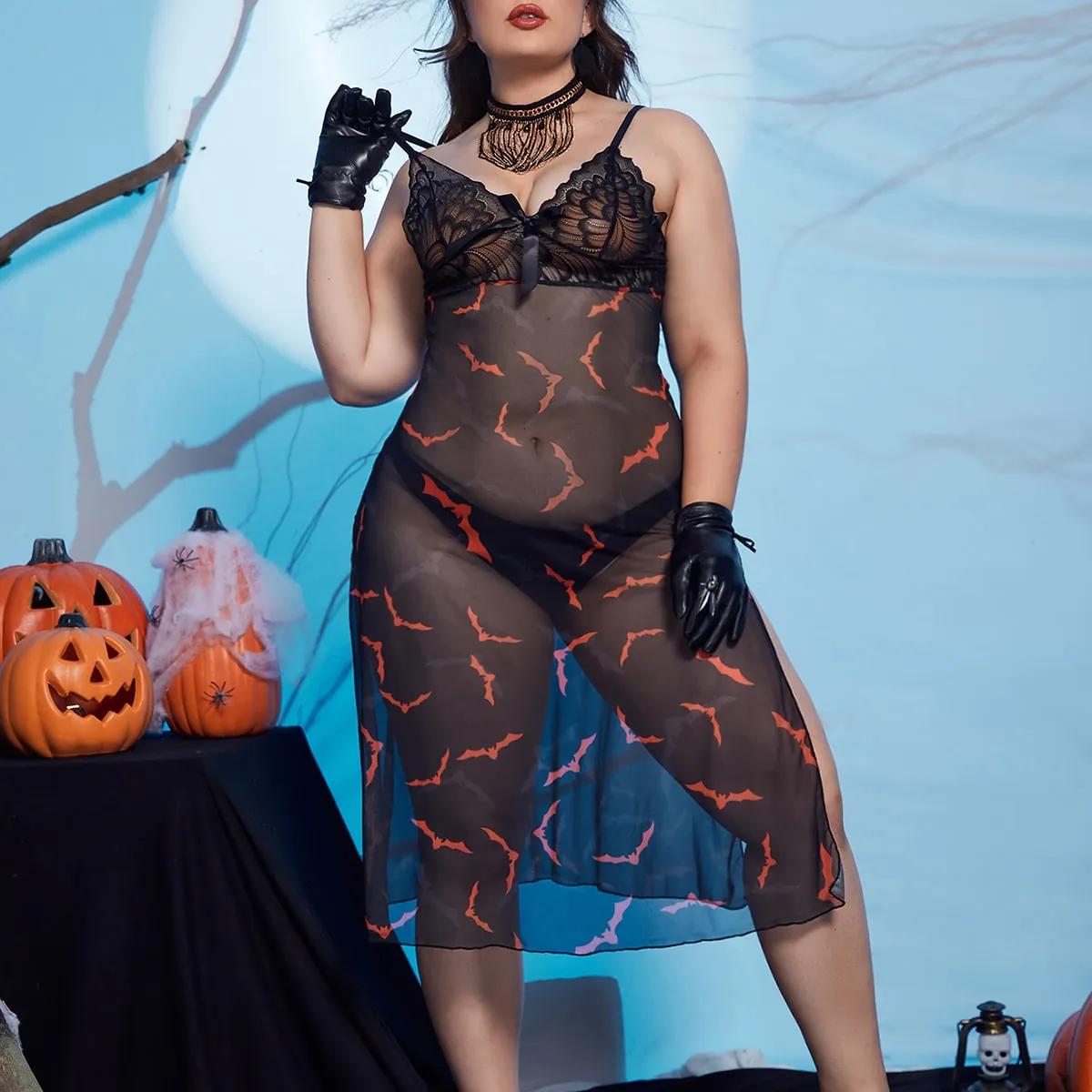 Babydoll in maglia trasparente con stampa di pipistrello di halloween con perizoma