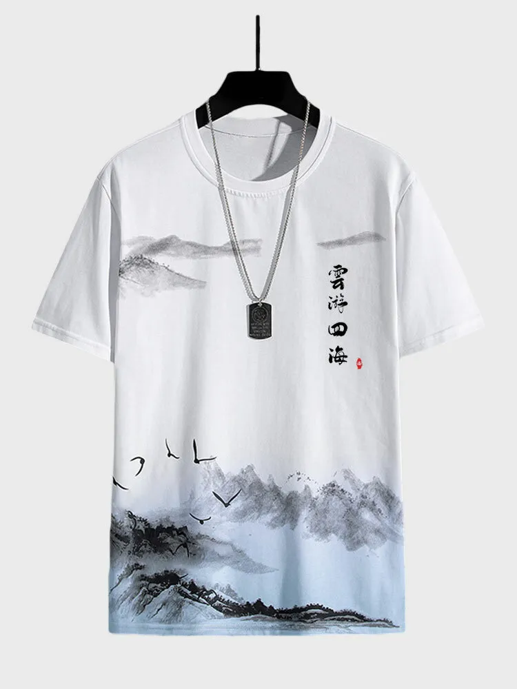 Magliette a manica corta con girocollo con stampa paesaggi cinesi a inchiostro