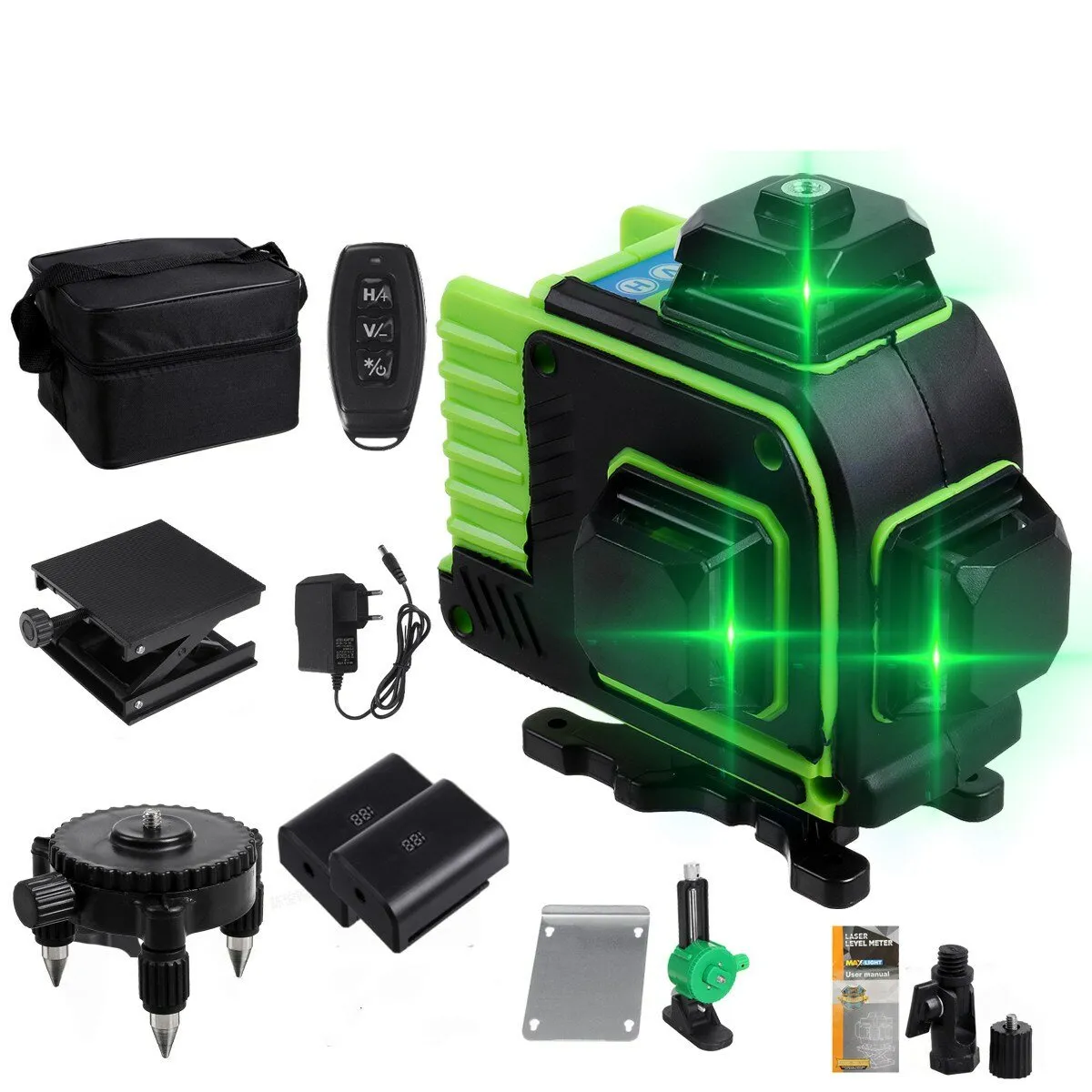 Livelli laser a luce verde a 4D con 16 linee, strumenti di misurazione a livellamento automatico a 360° con 2 batterie a
