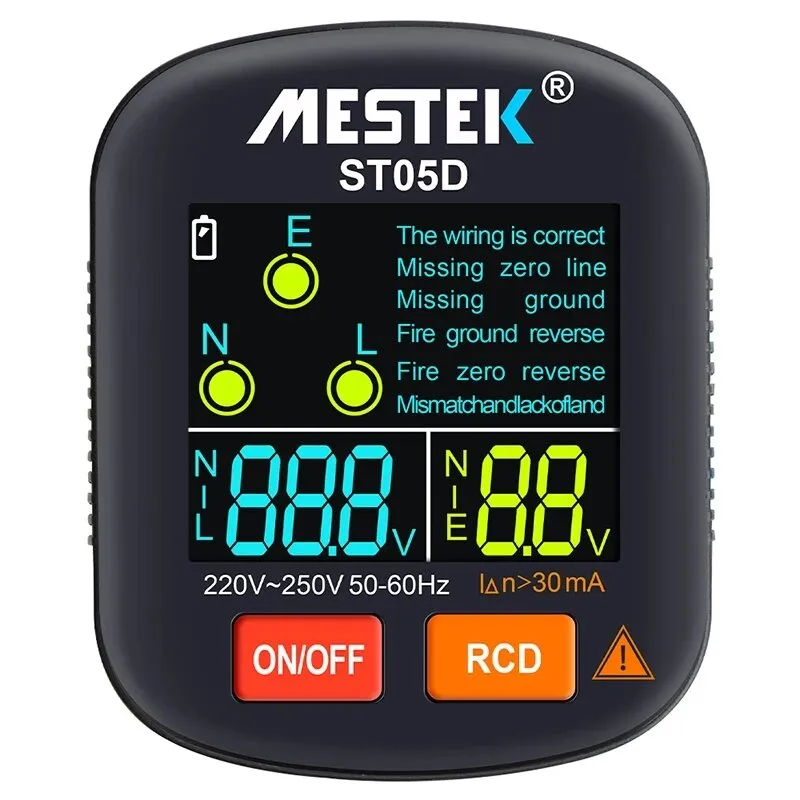MESTEK Tester presa corrente Rilevatore cablaggio Elettroscopio Spina elettrica a colori Schermo RCD Test di sicurezza T