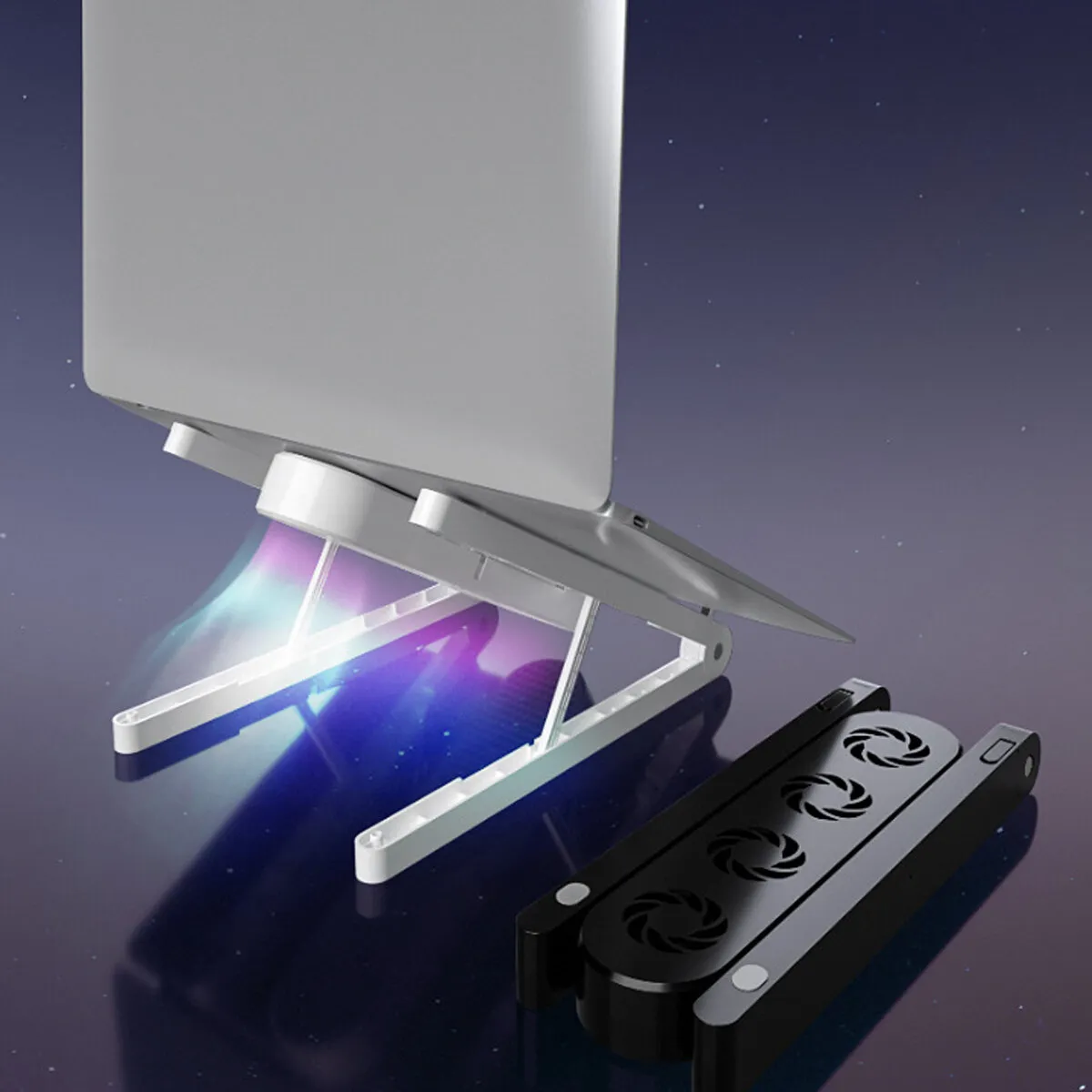 Supporto desktop regolabile in altezza a 7 marce universal con 4 ventilatori luminosi colorati per dissipazione del calo