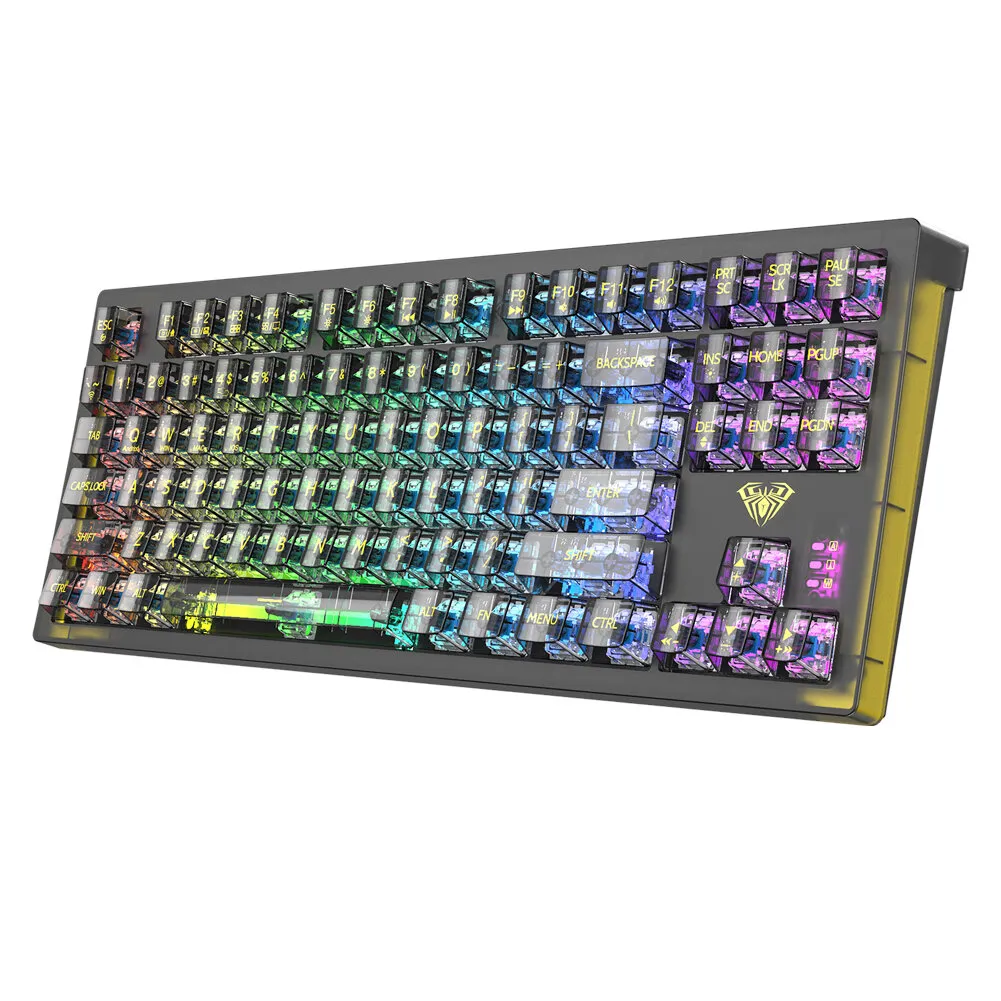Tastiera meccanica AULA F2183 RGB con 87 tasti, intercambiabili, con connessione bluetooth e cablata a 2.4G, tasti trasp