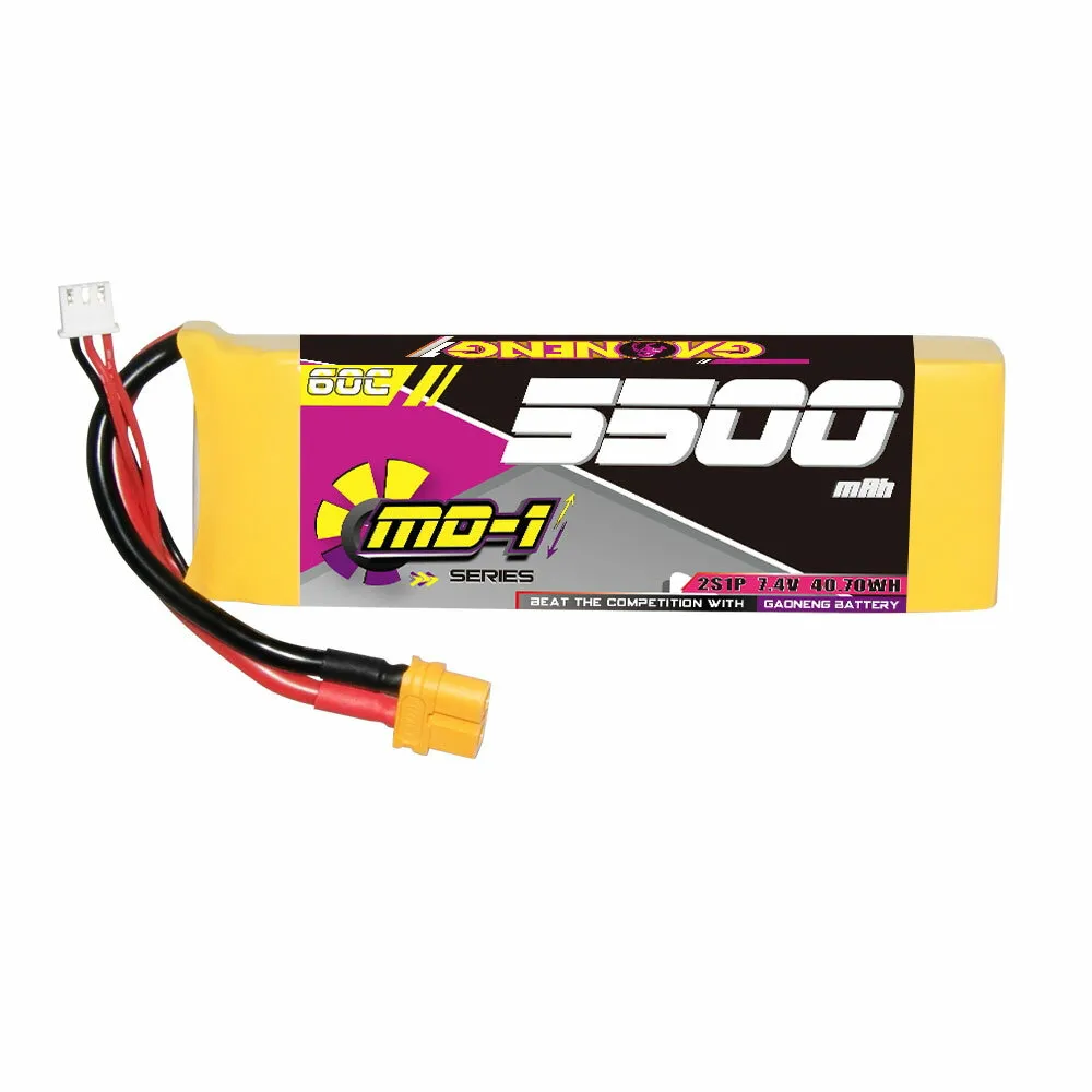 Batteria Gaoneng GNB 7.4V 5500mAh 60C 2S LiPo con connettore T / XT60 per modelli RC Hobby scala 1/10 e 1/8 RC Boat