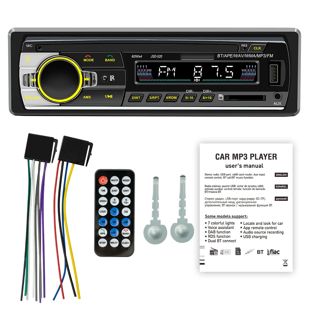 Radio per auto JSD-520 Lettore MP3 USB Scheda SD AUX IN FM Bluetooth Musica senza perdita di dati Display orologio Luce