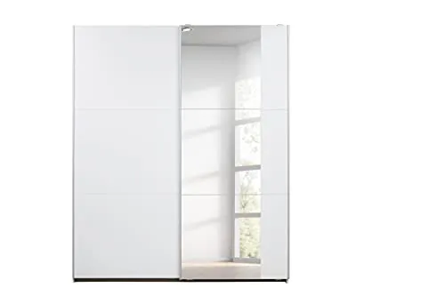 Packs - Armadio a 2 ante scorrevoli Santiago Alpin bianco con specchio, 4 ripiani, 2 aste, 1 barra appendiabiti, 175 x 210 x 59 cm
