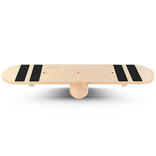 POWRX Balance board legno (78x19x11 cm) - Tavoletta propriocettiva ideale per esercizi di Equilibrio, Forza e Coordinazione - Base con cilindro movibile e Superficie Antiscivolo (Con Grip)