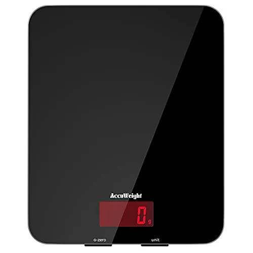 ACCUWEIGHT Bilancia da Cucina Digitale Con Funzione Peso Tara Bilancia Alimenti Elettronica Multifunzione con Display LCD per Pesare Cibo Liquidi Fino a 5 kg / 11 lbs Superficie in Vetro Temperato