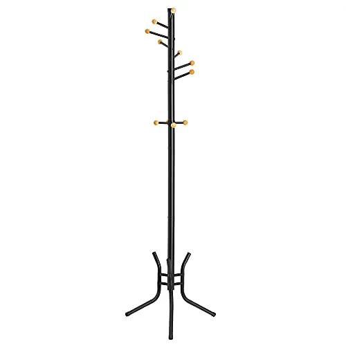 SONGMICS Appendiabiti da Terra, Attaccapanni in Acciaio, 11 Ganci con Estremità di Legno, per Cappotti Cappelli Borse, 53,5 x 53,5 x 173 cm, Nero RCR028B01