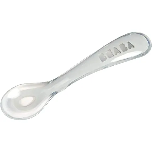 BÉABA - Cucchiaio in Silicone per Neonati e Bambini, Set da 4, Cucchiaino Bebé per lo Svezzamento, 2a Infanzia, Flessibile, Punta Arrotondata, Manico Ergonomico, Grigio