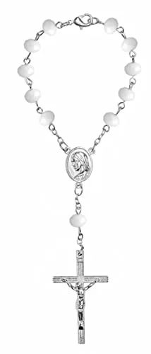 Kaltner Präsente, rosario corto (10 grani), per auto, idea regalo per uomo e donna, con ciondolo a forma di crocifisso e perle di vetro bianco