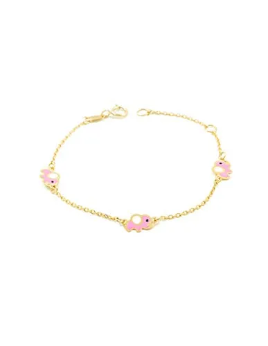 DCB Bracciale elefanti smaltati rosa per bambini - oro giallo 9k (375) - Scatola Regalo - Certificato di garanzia