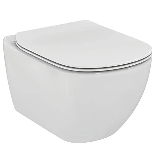 Ideal Standard - Tesi, WC sospeso Aquablade con fissaggi nascosti, Copriwater sottile con chiusura normale, Bianco