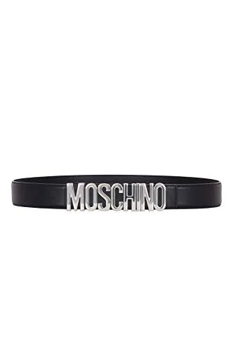 Moschino Cintura Pelle Lucida Nera con Logo Argento 42