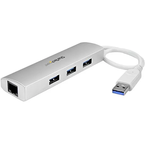 StarTech.com Hub USB 3.0 (5Gbps) a 3 porte con Adattatore NIC Ethernet Gigabit Gbe in alluminio con cavo integrato ottimo per MacBook (ST3300G3UA)
