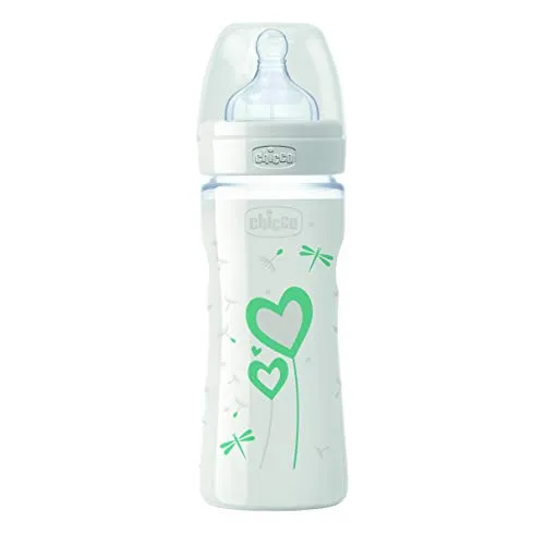 Chicco Biberon Benessere in Vetro, Tettarella in Silicone, Flusso Regolare, 240 ml, Verde