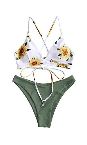 ZAFUL Bikini Set Imbottito Stampa di Girasole Annodato sulla Schiena per Donna 2019 (Verde, M (EU.38))