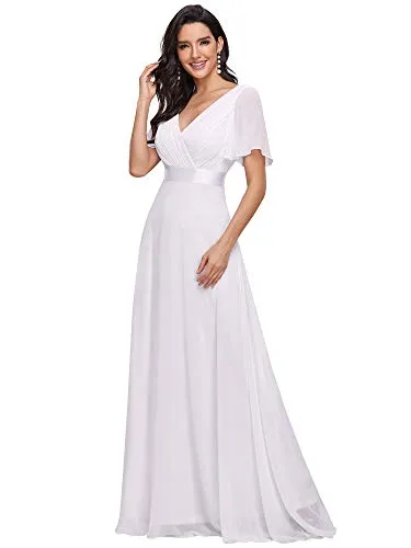 Ever-Pretty Vestito da Sposa Donna Stile Impero Linea ad A Scollo a V Maniche Corte Lungo Bianco 46