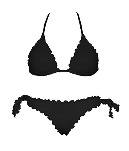 Bikinicolors Bikini Triangolino Frou Frou con Slip o Brasiliana | Made in Italy S con Slip (Top e Slip Normale 42), Nero