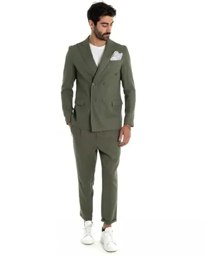 Giosal Outfit Uomo Giacca Pantalone Lino Tinta Unita Doppiopetto Elegante (Verde, 48)
