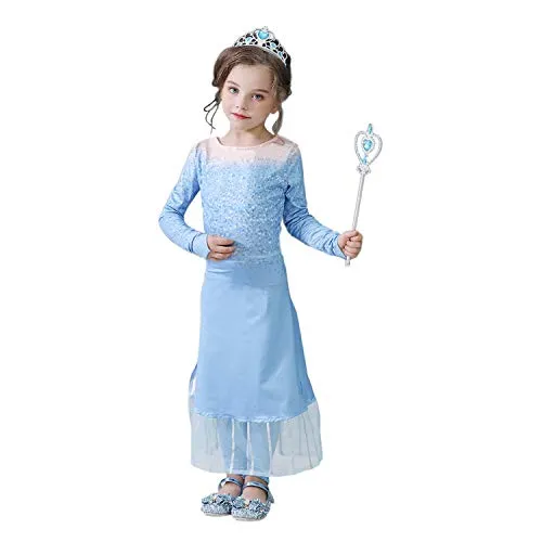 Vicloon Elsa Frozen Costume, Abito Frozen Bambina Elsa Vestito Frozen Bambina da Pantaloni Corona Bacchetta, Elsa Costume di Party Cosplay Halloween Abito delle Ragazze di Natale Vestito Fantasia