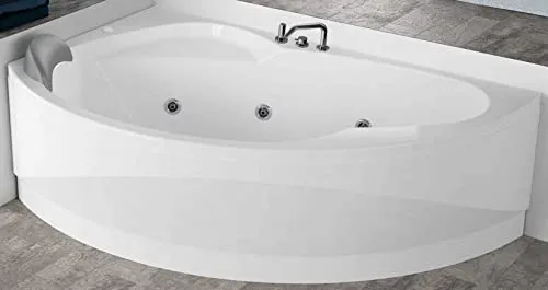 Vasca Bagno Idromassaggio Angolare Curva Novellini Vogue Hydro Plus 165x85 H55 cm 180 LT Colonna Miscelatore Sinistra Pannello Whirlpool Disinfezione Airpool Telecomando Cuscino Telaio Bianco Lucido