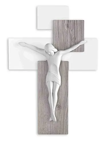 MAZZOLA LUCE Un Grande crocifisso da Parete Moderno 60x40cm Croce Legno Rovere Cristo marmorino Bianco capezzale Camera da Letto