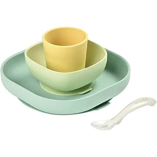 BÉABA - Set Pappa in Silicone, 4 Pezzi : Piatto + Scodella + Ciotola + Cucchiaino Svezzamento, Antiscivolo : con Ventosa, per Bambini e Neonato, Giallo