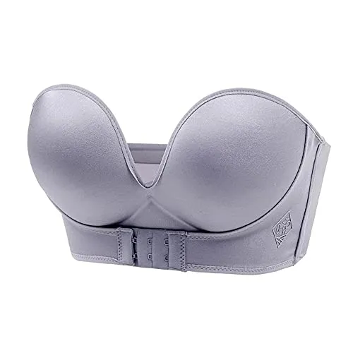 HTYA Flirtiva Strapless Push Up Bra, Front Buckle Lift Bra, Wing Shape Front Buckle Bra Self-Adhesive Invisible Strapless Padded Breast Lift (34/75F,Gray)