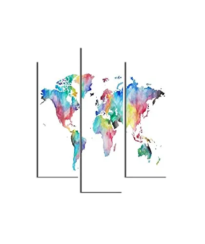 HOMEMANIA Quadro World - 3 Pezzi - Mappa - da Soggiorno, Camera - Multicolore in MDF, 57 x 0,3 x 60 cm