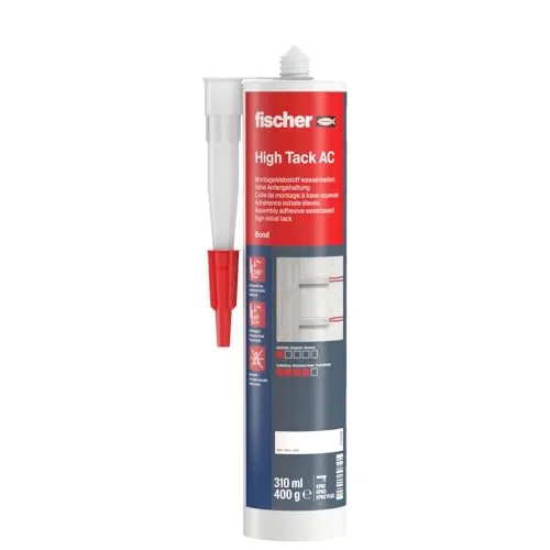fischer High Tack AC - Adesivo di montaggio inodore, per interni, adesivo acrilico per incollare componenti e compensare irregolarità, 310 ml, bianco