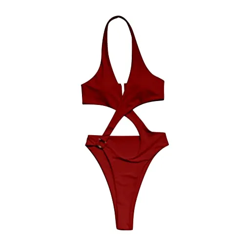 Briskorry Costume da bagno intero da donna, a fascia, con reggiseno push up, sexy, con scollo a V, tinta unita, elegante, sexy, da spiaggia, Colore: rosso, XXL