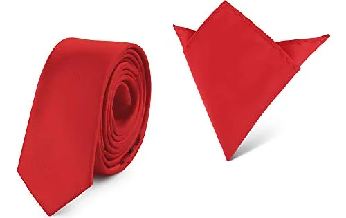 Ladeheid Set Cravatta Slim e Fazzoletto Taschino Uomo SP/P (150cm x 5cm, 22cm x 22cm, Rosso)